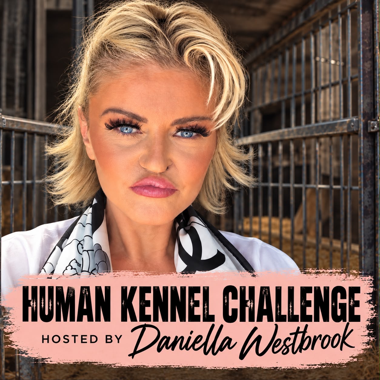 Daniella Westbrook behind the bars of a kennel, on the Human Kennel Challenge poster announcing her as host