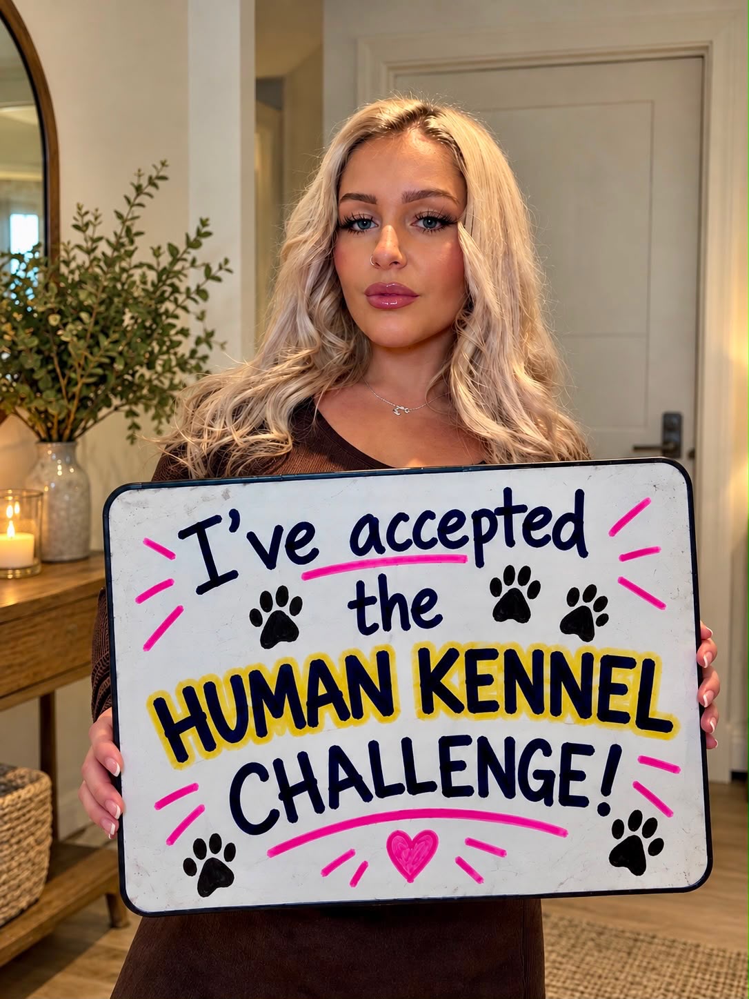 pthefairyx holding her "I've accepted the Human Kennel Challenge" board